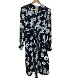 Ghost London Floral Long Sleeve Tie Waist Dress Size S Black White Boho V-Neck